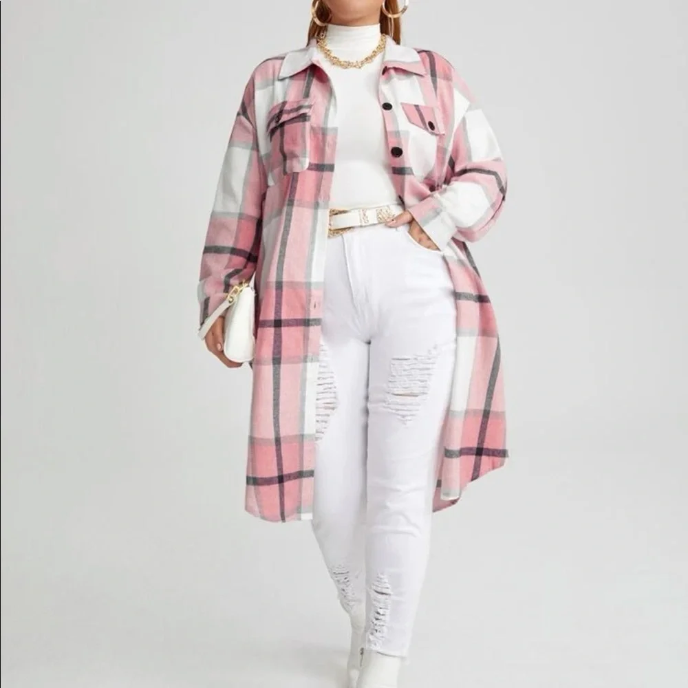 Plus Size Plaid Pocket Light Jacket Shacket Long Shirt Green BELT NOT INCLUDED - Picture 5 of 16